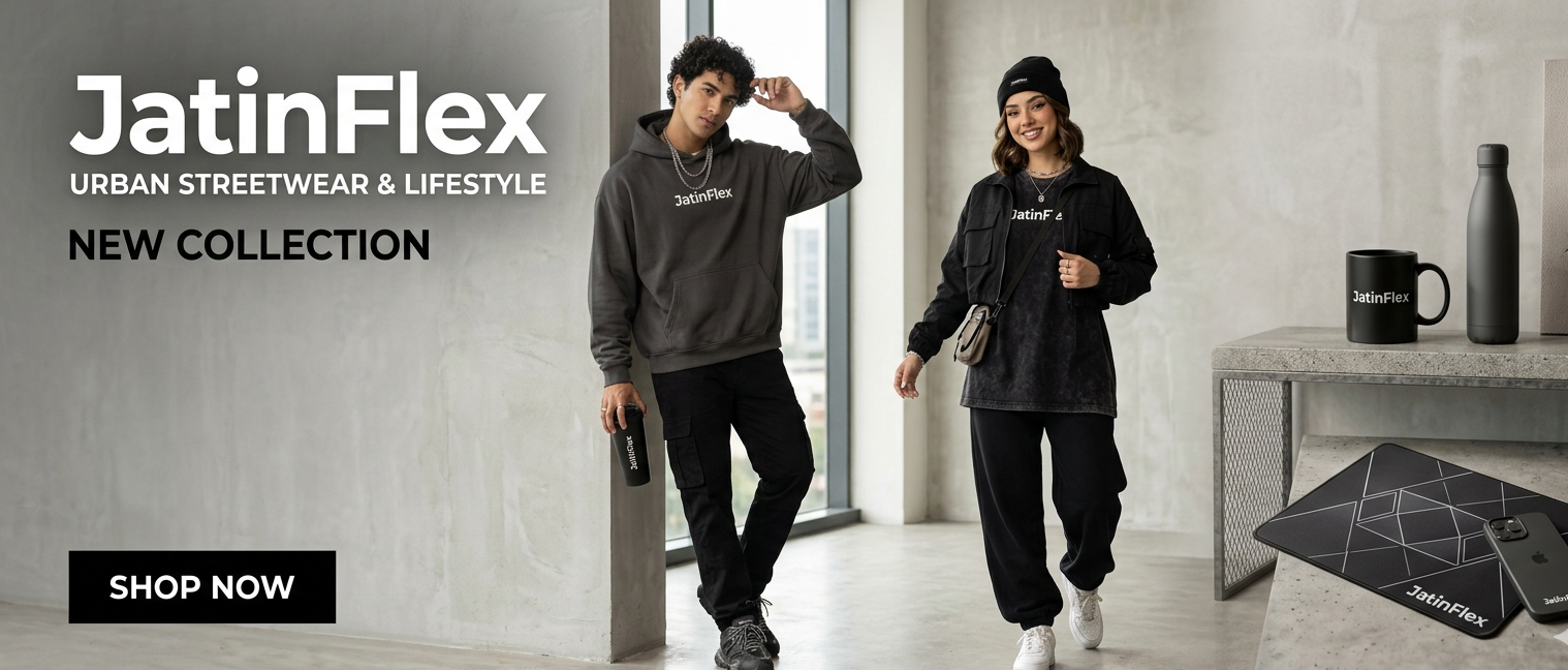 Two people wearing JatinFlex streetwear in a modern interior setting with promotional text.